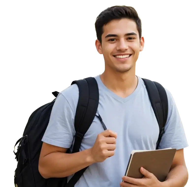 Joven con mochila y carpeta
