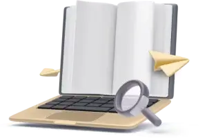 Laptop y libros abiertos con lupa